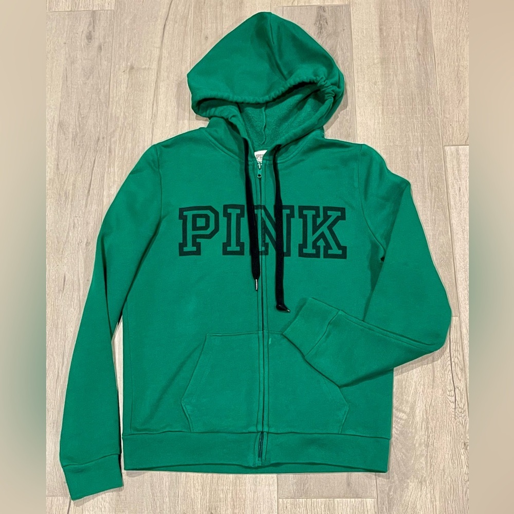 VS Pink Green Full Zip Hoodie Black Logo front closure, front pockets Size S